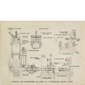 black and white drawing of an engine