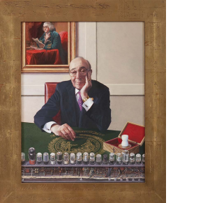 portrait of a man (Herman Goldstine) sitting at a desk with an array of vacuum tubes in front of him and Charles Willson Peale's portrait of Benjamin Franklin behind him in a gilded frame inscribed with mathematical notations