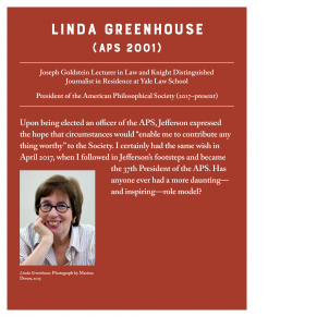 red panel with white text and photo of a woman (Linda Greenhouse) wearing glasses