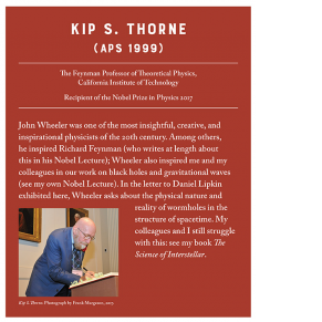 white text on red background with color photograph of a man (Kip Thorne) signing the APS roll book