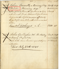 Eliza Connelly entered Eastern State Penitentiary at the age of 16 convicted of attempted poisoning. Her record indicates her ethnicity. 