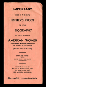 Pamphlet sent with printer’s proof of biography listing for American Women, vol. 3