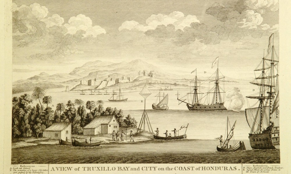 Engraving of bay and tall ships