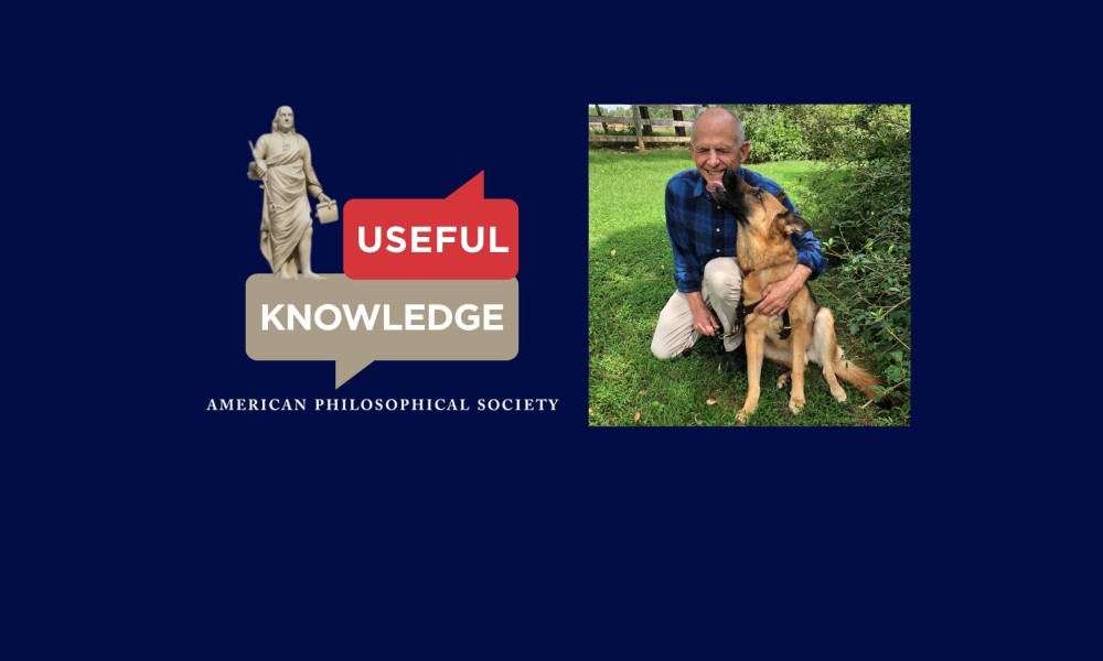 Useful Knowledge Logo and Judge David Tatel photo with German Shepherd guide dog, Vixen