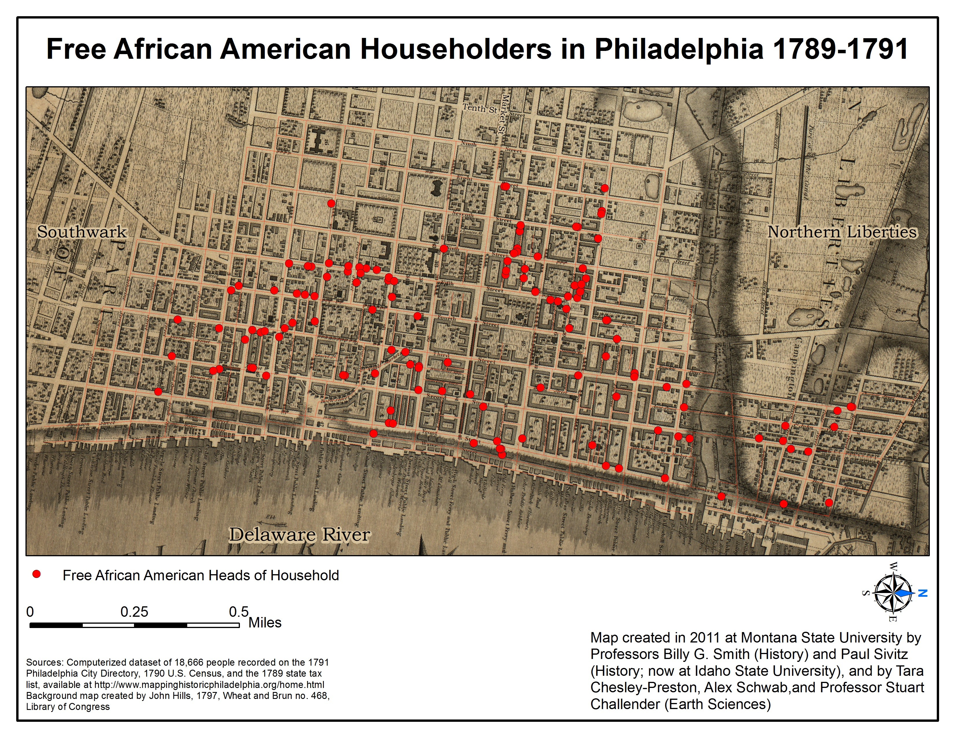 18th century map of Philadelphia with red dots