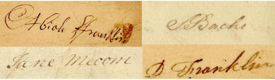 Signatures of Abiah Franklin, Jane Mecom, Sally Bache, and Deborah Franklin 