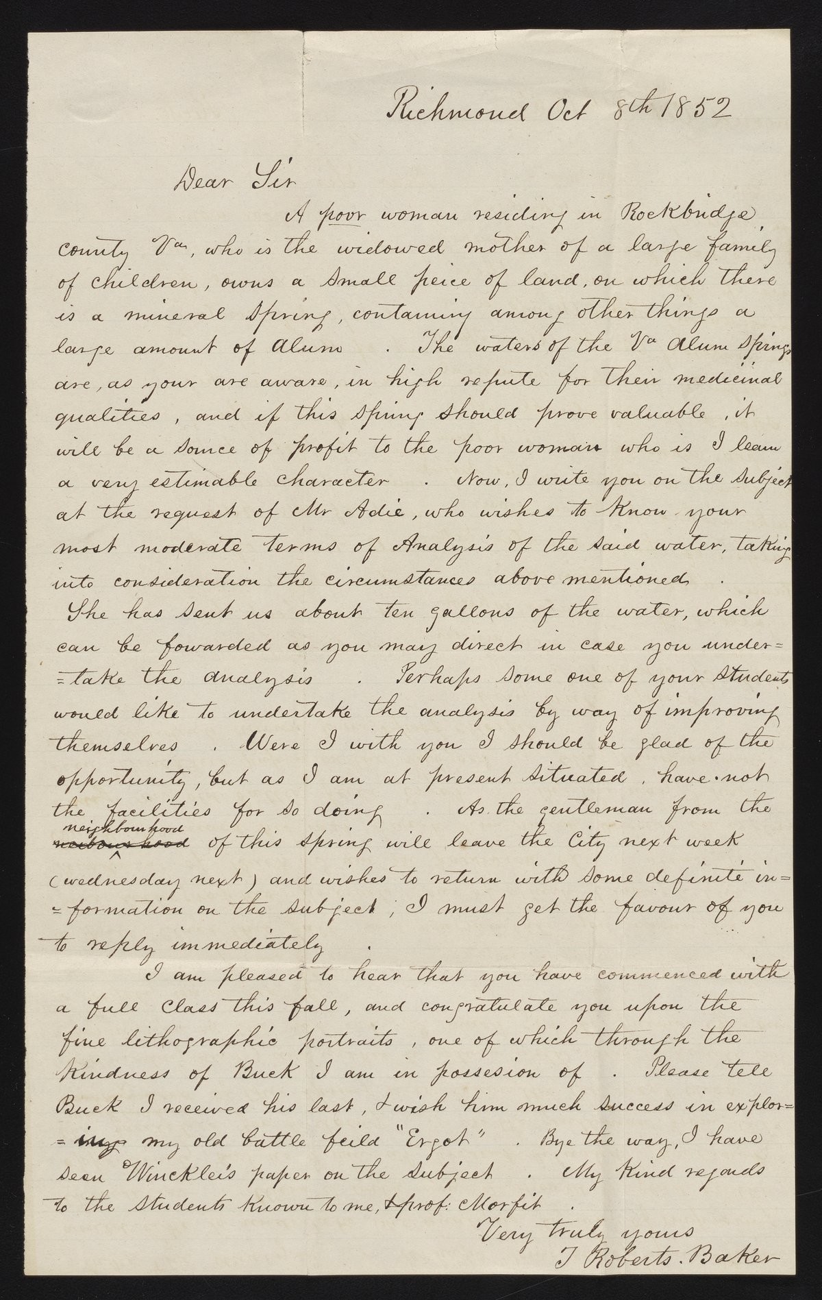 Letter from T. Robert Baker to James C. Booth, 1852. Science History Institute