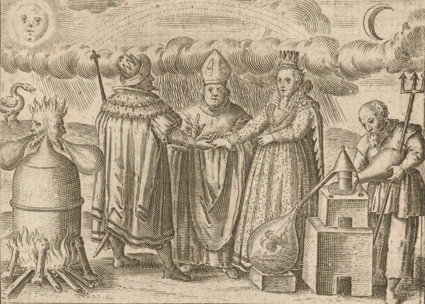 Alchemical symbolism and apparatus combine in this engraving from The Twelve Keys of Basil Valentine, part of Musaeum hermeticum reformatum et amplificatum (1678), a compilation of famous alchemical texts. Science History Institute