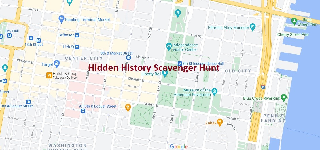 Google map of Philadelphia with red text "Hidden History Scavenger Hunt"