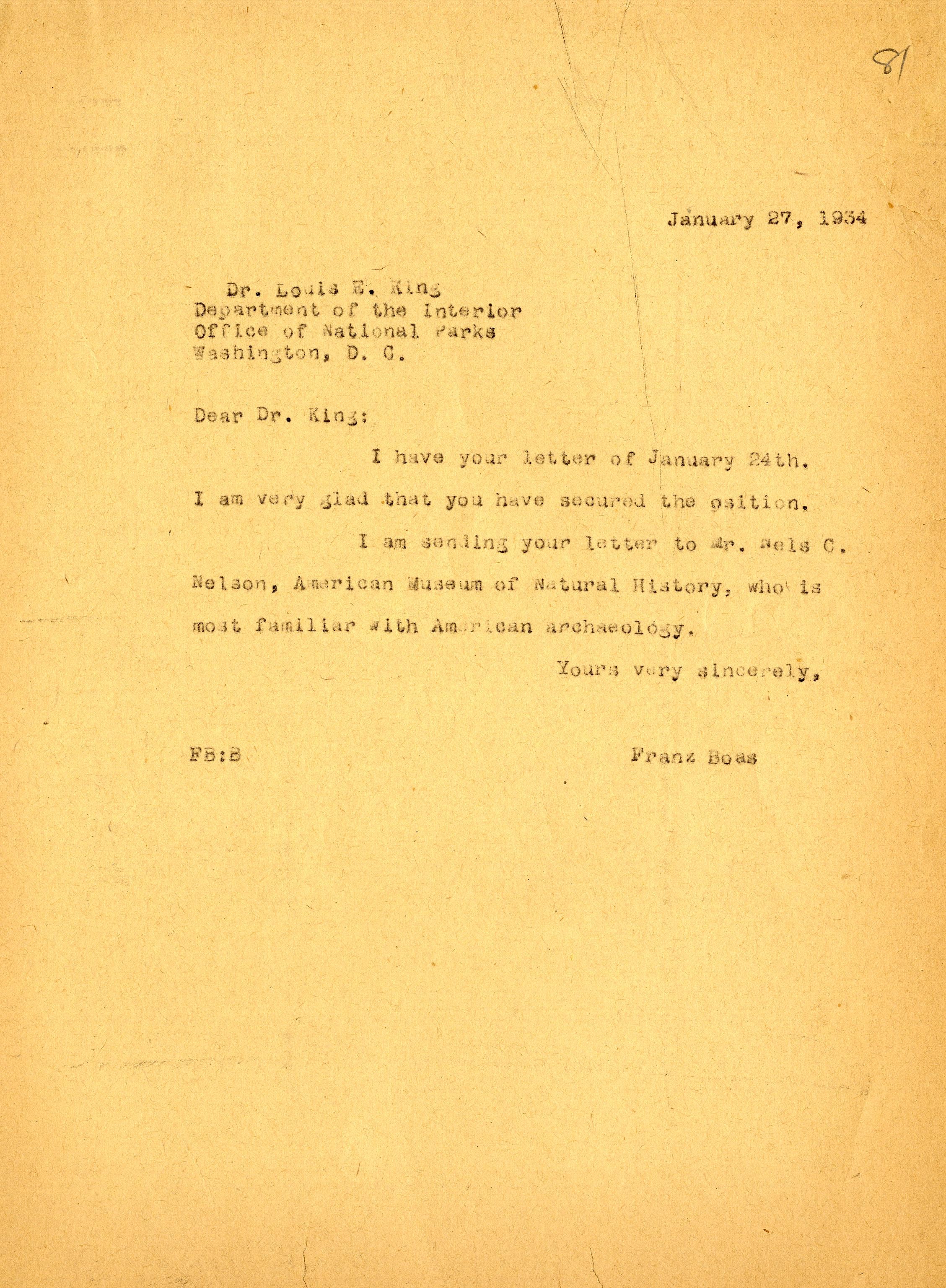 Letter from Franz Boas to Dr. King