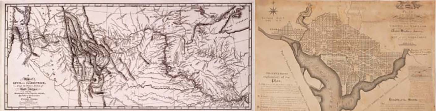 A map of Lewis and Clark trail next to a map of the US capital