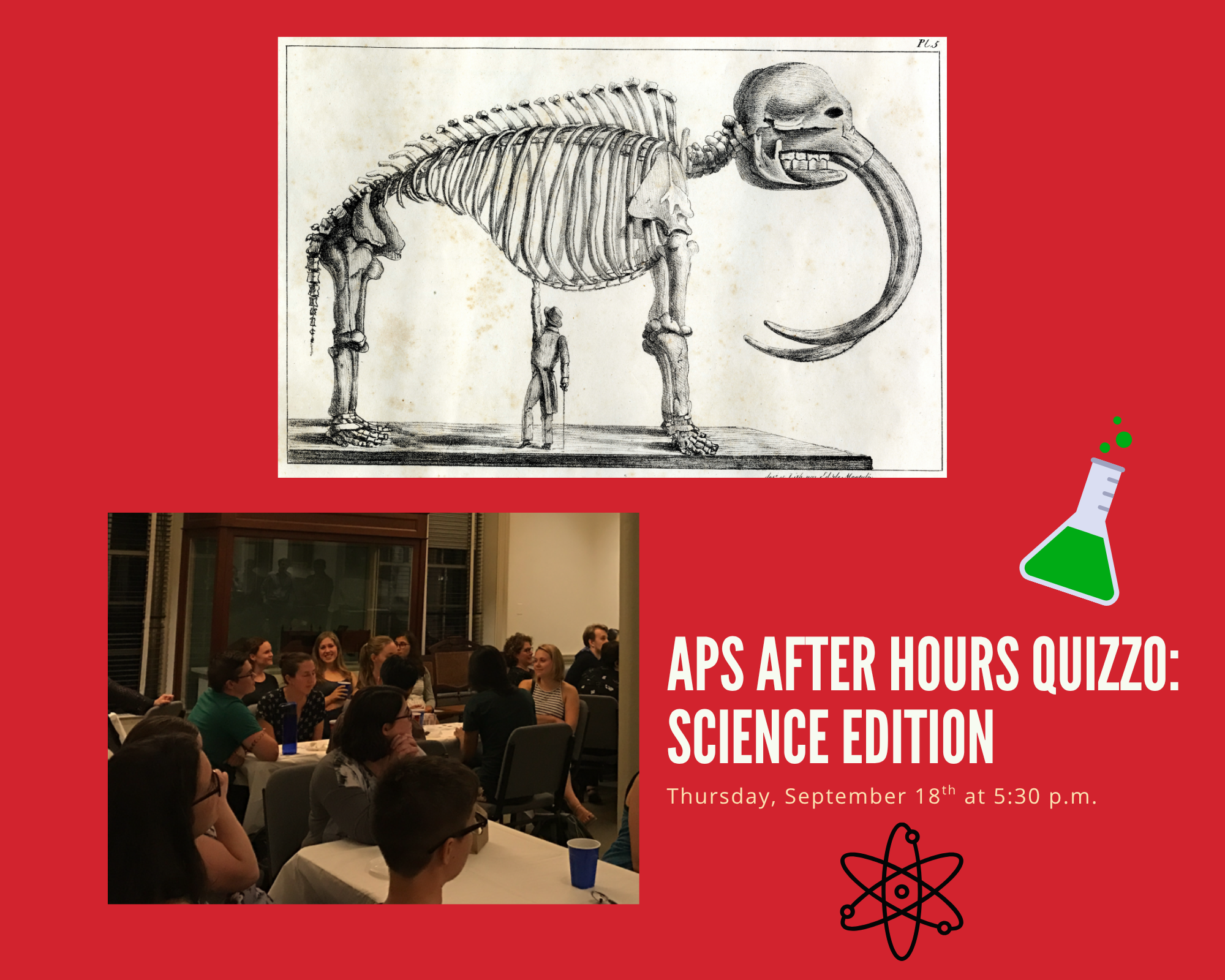 A collage with a picture of people in the Philosophical hall conference room, a drawing of a mastodon, and the title of the program