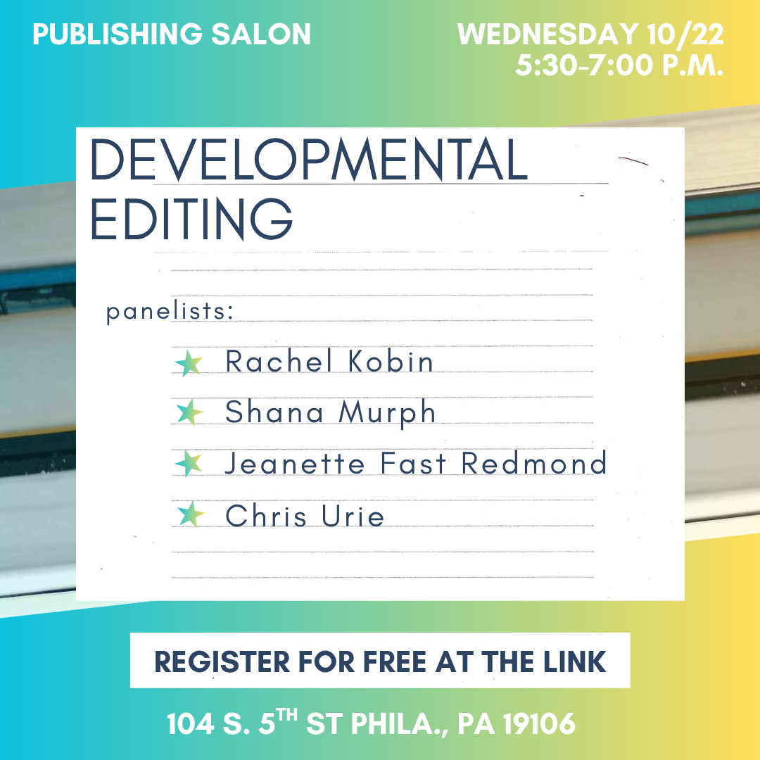 Developmental Editing event information graphic showing names of panelists