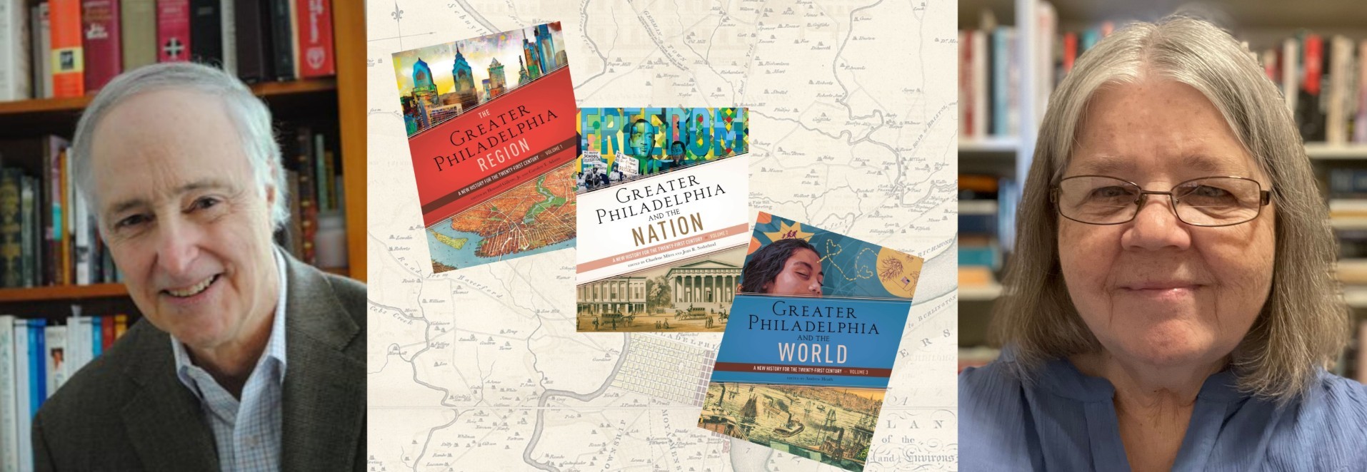 Event advertisement featuring three headshots and three book covers