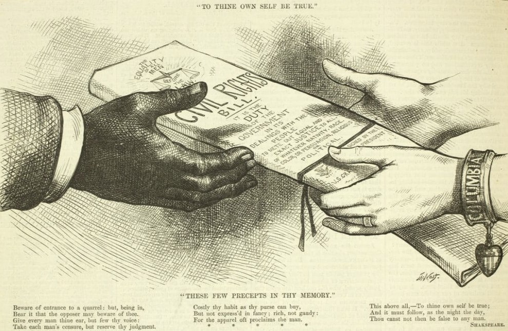 engraving of black and white hand holding civil rights bill