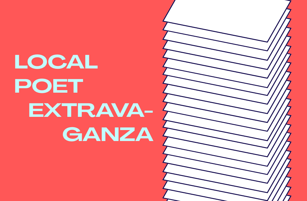 stack of white rectangles next to the event title in light blue on a vibrant reddish background