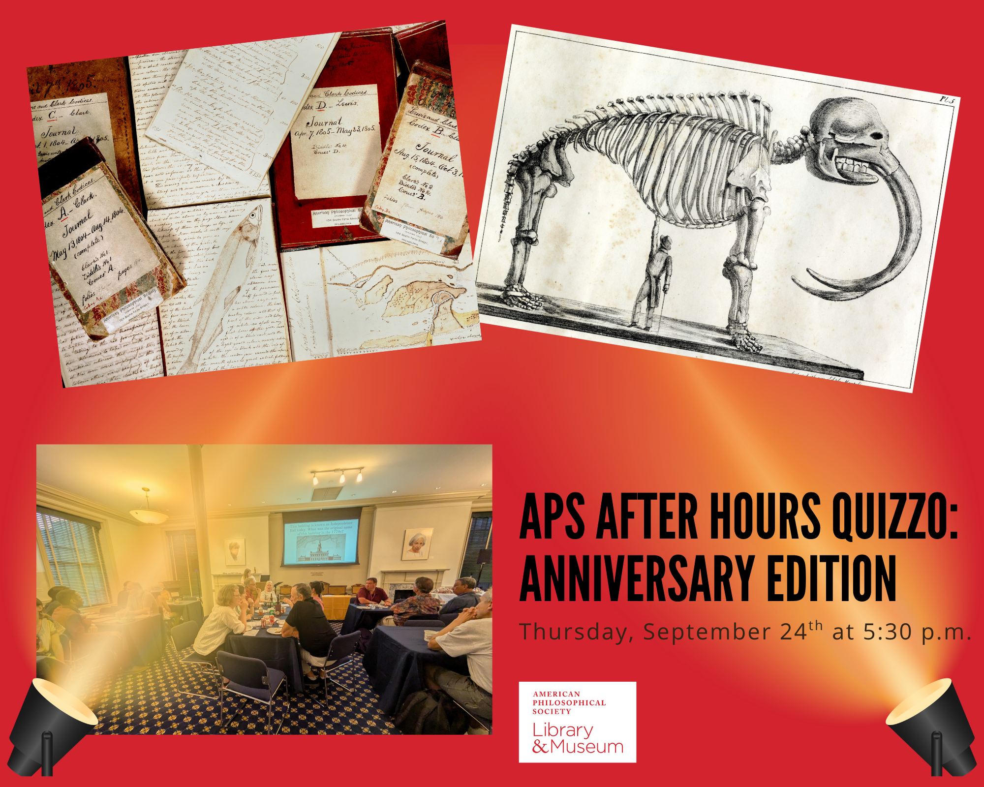 a collage of pictures featuring a crowd at quizzo, the lewis and clark journals and a mastodon. It includes the title and date of the program. 