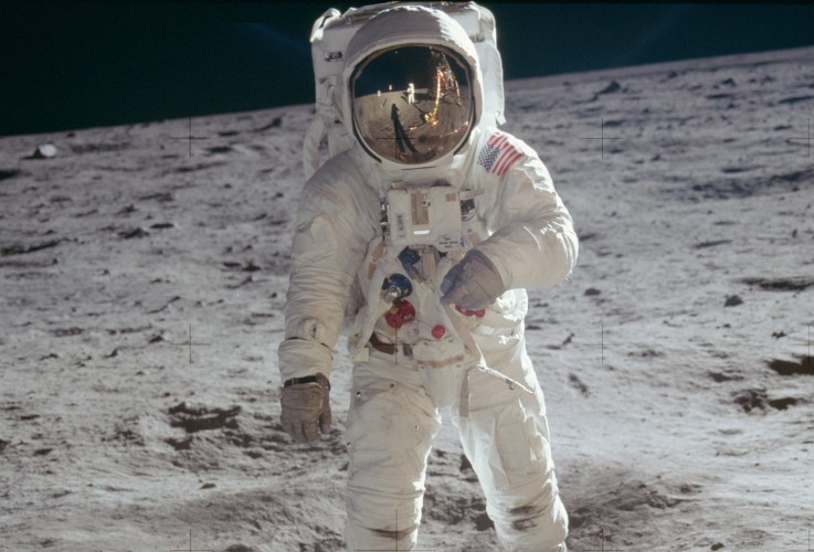 Pilot Buzz Aldrin walking on the moon.