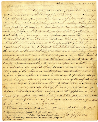 Thomas Jefferson letter to Charles Thompson, Dec. 20, 1781