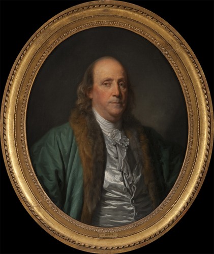 portrait of a man (Benjamin Franklin) wearing a teal coat with a reddish brown fur collar in a gilded, carved frame