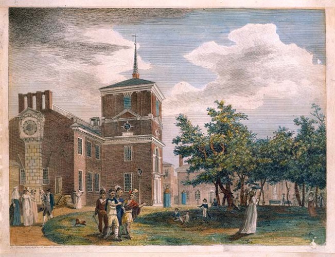 engraved image with added color showing a large brick building (Independence Hall) and green space with trees where people are walking