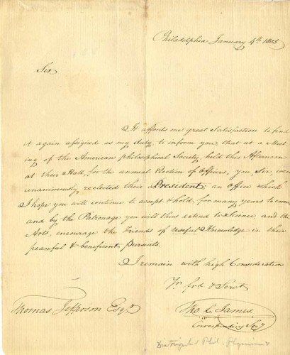 manuscript letter informing Thomas Jefferson of his reelection as APS President