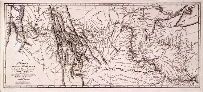engraved and printed map showing the route of the Lewis and Clark Expedition