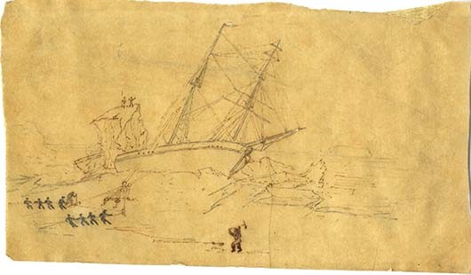 drawing of a ship trapped in the ice as men try to free it using ropes