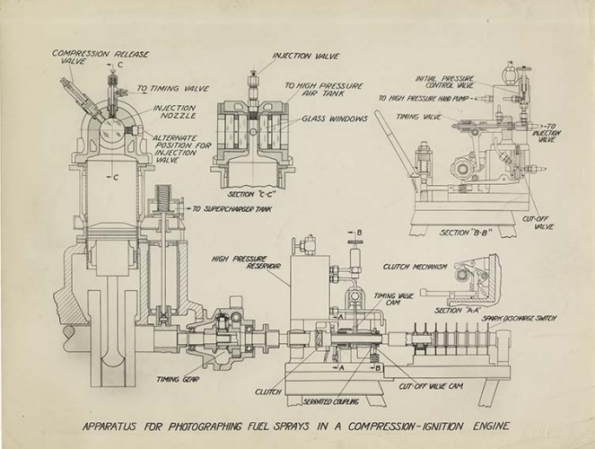 black and white drawing of an engine