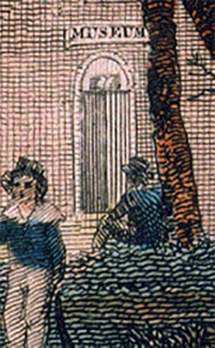 detail of the previous image showing a sign reading "Museum" on a building (Philosophical Hall) behind the trees