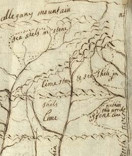 detail of John Bartram's map showing the location of shells