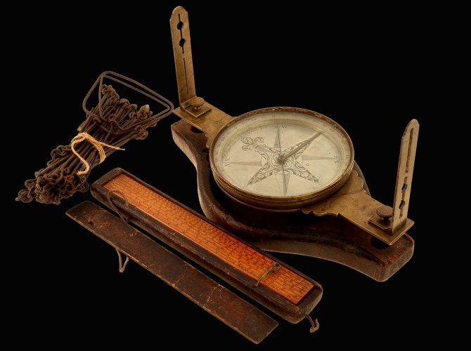 Gunter’s Chain, Ruler, and Dividers with Rittenhouse Compass