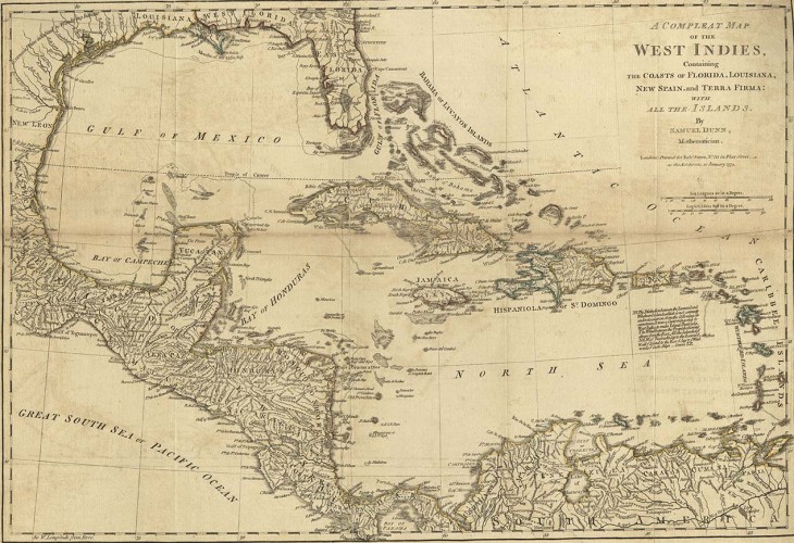 Printed map of the West Indies with colored outlines
