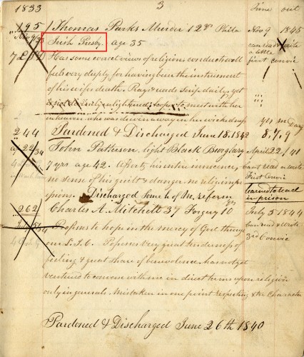 Thomas Parks was convicted of murder and entered Eastern State Penitentiary at age 35. His ethnicity is noted. 