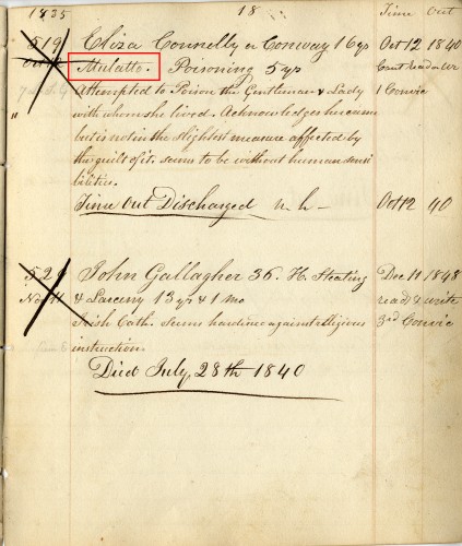 Eliza Connelly entered Eastern State Penitentiary at the age of 16 convicted of attempted poisoning. Her record indicates her ethnicity. 