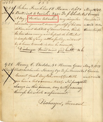 John Franklin entered Eastern State Penitentiary at age 15, he is noted as being of "Indian Extraction" in his record. 