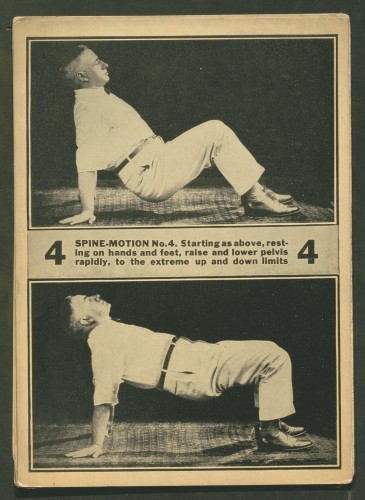 two black and white photographs of man performing spine stretches