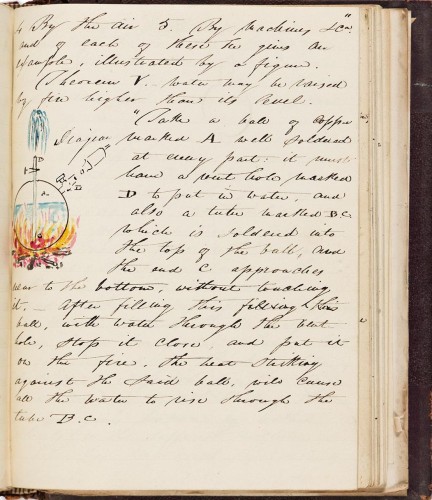 manuscript page with hand-colored sketch of boiler