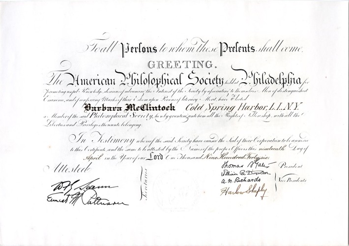 McClintock’s APS Membership Certificate