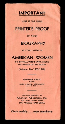 Pamphlet sent with printer’s proof of biography listing for American Women, vol. 3
