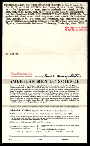 Printer's proof of biography listing for American Men of Science